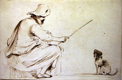 Hombre sentado entrenando a un perro de Guercino