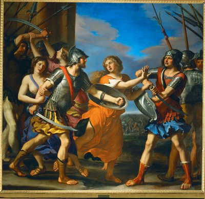 Hersilia separa a Rómulo y a Tacio, el rey de los Sabinos... de Guercino (1591-1666)