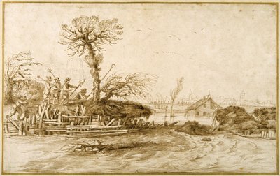 Un río en inundación, y campesinos con hachas y otras herramientas de Guercino