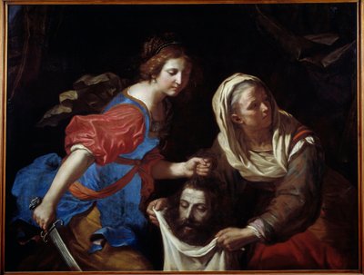 Judith y la cabeza de Holofernes. Su sirvienta Abra sostiene la bolsa mientras Judith deposita la cabeza del hombre de Guercino