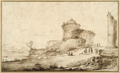 Paisaje con una columna rota, un castillo y numerosas figuras en primer plano a la derecha de Guercino
