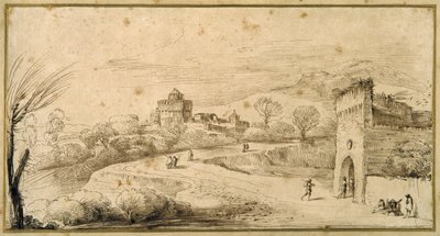 Paisaje con una puerta almenada y un camino sinuoso de Guercino