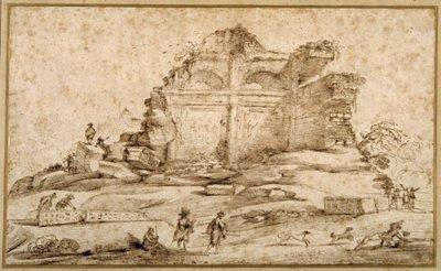 Paisaje con ruinas clásicas y un joven atacado por perros de Guercino
