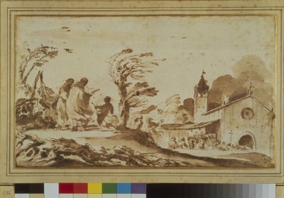 Paisaje con figuras junto a una iglesia de Guercino