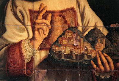 San Marino bendiciendo la ciudad que sostiene en su mano, óleo sobre lienzo, por Giovanni Francesco Barbieri, llamado Guercino, Palacio de Congresos, San Marino, República de San Marino de Guercino