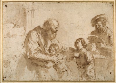 Dos niños consolados por un anciano con barba, mientras otro hombre de mediana edad con barba lee un libro de Guercino