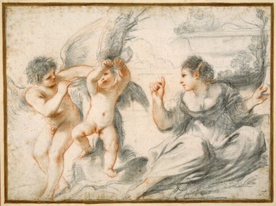Venus regañando a Cupido, mientras un cupido mayor lo ata a un árbol de Guercino