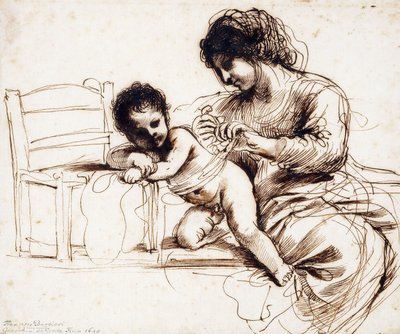 Una madre y su hijo junto a una silla de Guercino