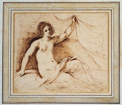 Una mujer desnuda reclinada levantando una cortina de Guercino