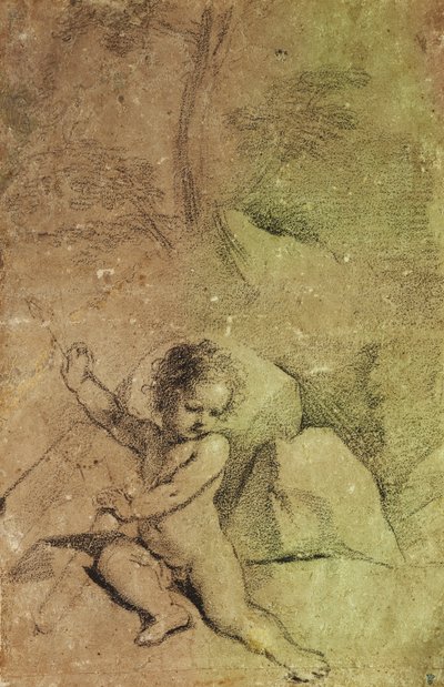 Cupido sacando una flecha de un carcaj, en un paisaje de Guercino