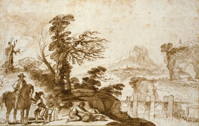 Paisaje con un jinete y un puente, principios del siglo XVII de Guercino