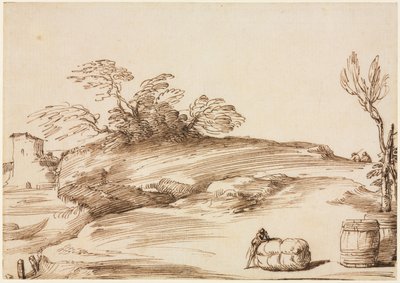 Landscape with a Man Leaning on a Bale de Guercino