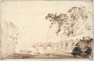 Paisaje con un Río Cruzado por un Puente, Lleno de Espectadores, que Conduce a un Edificio con una Logia Sobresaliente con un Grupo de Espectadores de Guercino