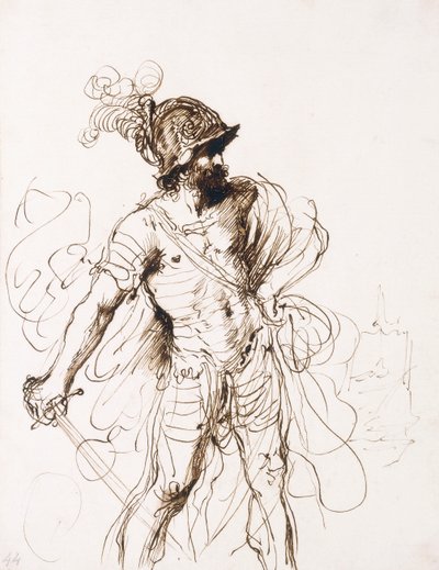 Marte, con la espada desenvainada, girado a la derecha de Guercino
