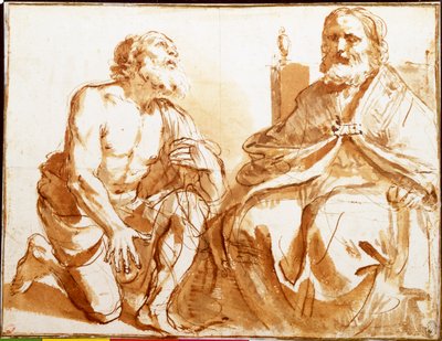Obispo sentado y santo arrodillado de Guercino