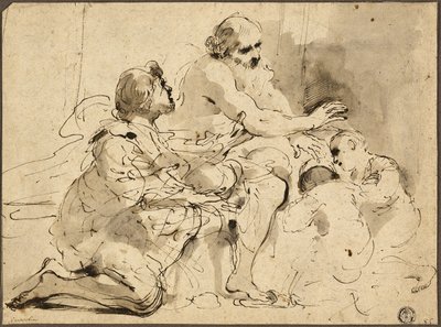 Estudio para Jacob bendiciendo a los hijos de José (recto); Bocetos: San Cristóbal; Dos figuras conversando sobre dinero (verso) de Guercino