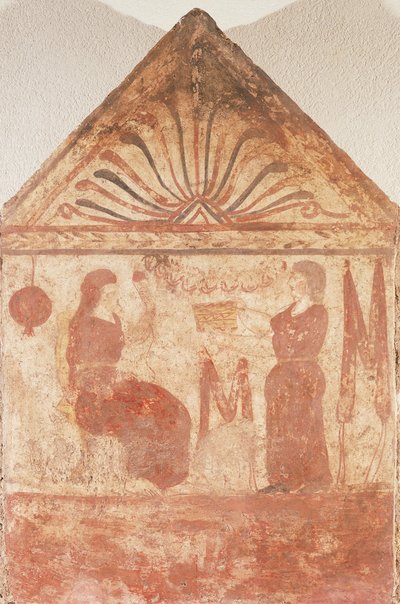 Lápida pintada que muestra a una mujer sentada en un trono hilando, procedente de Andriuolo-Laghetto en Paestum, Campania, Italia. de Guglielmo Bilancioni