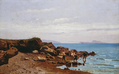 Pescadores en la costa napolitana, con la isla de Capri al fondo, de Guglielmo Ciardi (1842-1917), óleo sobre lienzo, 47,5x76,5 cm. de Guglielmo Ciardi