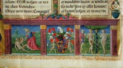 La Creación y Tentación de Adán y Eva con el escudo de armas de la Casa de Este, de la Biblia de los Cartujos de Guglielmo Giraldi