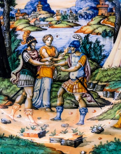 Plato: Latinus y Eneas, detalle, hacia 1540 (mayólica) de Guido (attr. to) Durantino