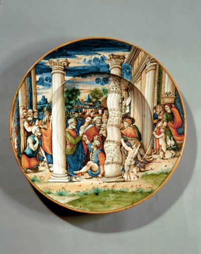 Plato que representa a San Pedro y San Juan curando al cojo en el Templo, c.1540-50 (mayólica) de Guido Di (workshop of) Merlino