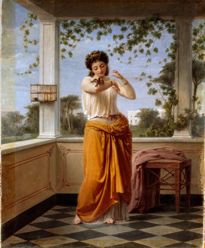 La fugitiva. Joven mujer en un decorado neoclásico, un pequeño pájaro escapa de su jaula y se posa en su brazo. Pintura de Guido Gonin (1833-1906). Genes Nervi, Galleria d