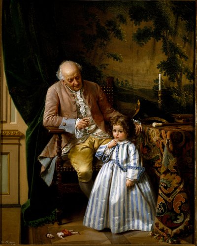 La reprimenda. Una niña es regañada porque rompió su muñeca. El juguete cayó al suelo. Pintura de Guido Gonin (1833-1906) de Guido Gonin