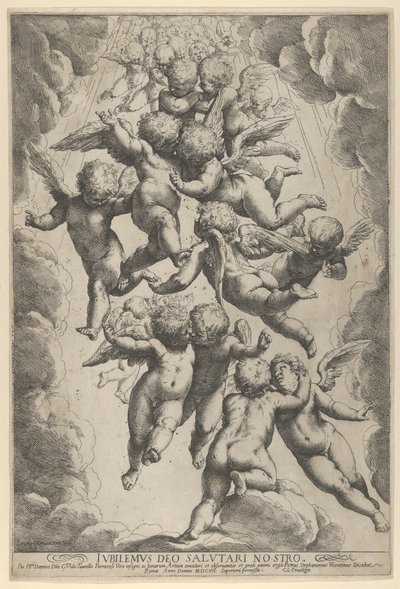 Un grupo de ángeles abrazándose en vuelo, enmarcados por nubes, ca. 1607 de Guido Reni