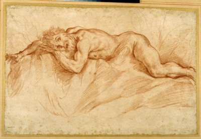 Un hombre desnudo aterrorizado, tendido en el suelo rocoso de Guido Reni