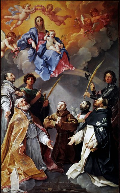 Retablo de la peste: Virgen con niño con San Petronio, San Francisco, San Ignacio, San Francisco Javier, Proculus de Bolonia y Florian de Guido Reni
