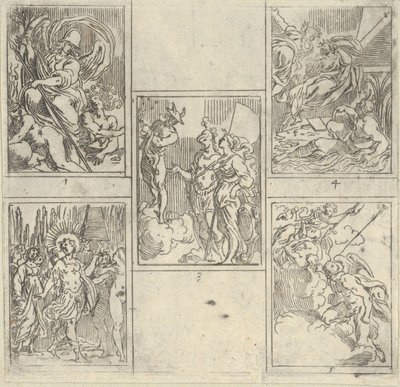 Cinco escenas numeradas, cada una después de un pintor en la Accademia Degl