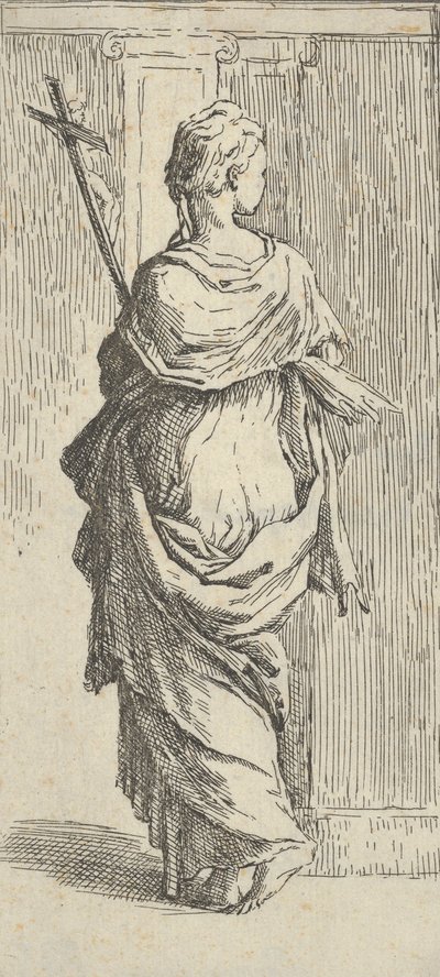 Chica llevando un crucifijo y avanzando hacia un pilastro, vista desde atrás de Guido Reni