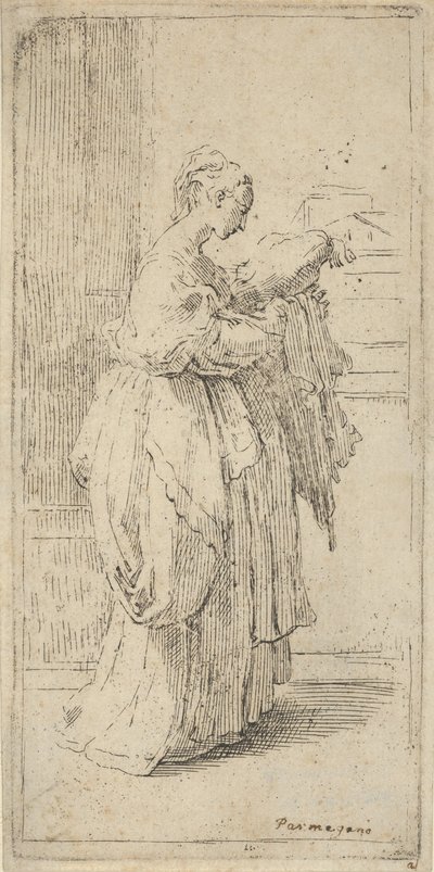 Niña llevando un cojín, vista de perfil hacia la derecha, 1590-1690 de Guido Reni