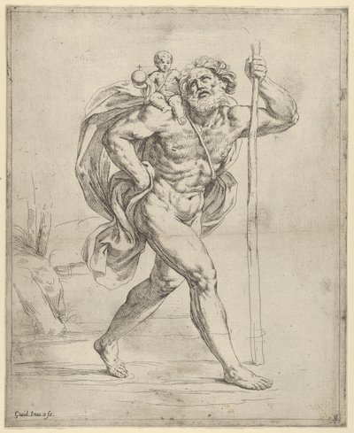 San Cristóbal caminando con el niño Cristo en su hombro derecho de Guido Reni