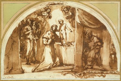 San Francisco adorando al Niño Jesús (tiza roja, pluma y tinta marrón, aguada marrón) de Guido Reni