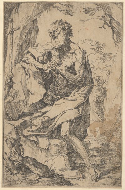 San Jerónimo arrodillado sobre una roca frente a una cruz y un libro abierto, ca. 1600-1640 de Guido Reni