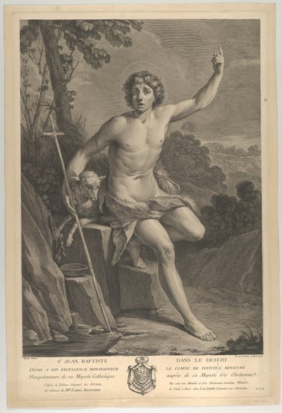 San Juan Bautista en el desierto, sentado en una roca y señalando hacia arriba con su mano izquierda, 1770 de Guido Reni