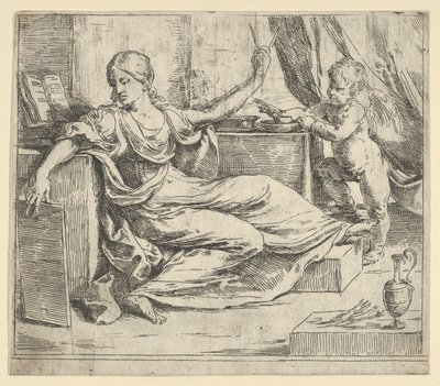 Mujer sentada sosteniendo una tableta y una brújula alegoría del aprendizaje, un putto alado... de Guido Reni