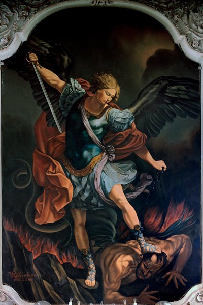 El Arcángel San Miguel Aplastando al Dragón Pintura de V. M. De Girolamo (siglo XX) según Guido Reni. 1957 de Guido Reni