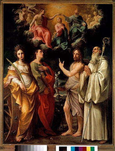 La Coronación de la Virgen con Cuatro Santos (Catalina de Alejandría, Juan el Evangelista, Juan el Bautista y Bernardo) - La Virgen María está representada en el cielo con la Trinidad (Jesucristo, Dios y la paloma del Espíritu Santo) de Guido Reni
