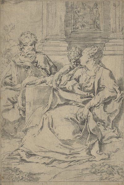 La Sagrada Familia sentada junta frente a una columnata, San José leyendo, ca. 1590-1610 de Guido Reni