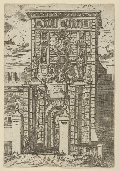 La Porta Galliera, la puerta de entrada a Bolonia y el puente levadizo con decoraciones temporales, 1598 de Guido Reni