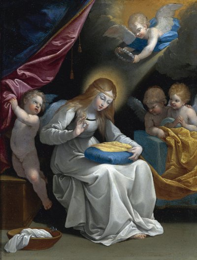 La Virgen cosiendo, acompañada por cuatro ángeles (La Coseuse) de Guido Reni