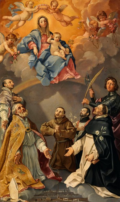 La Virgen con el Niño y los santos protectores de la ciudad de Bolonia (santos Ignacio de Loyola, Petronio, Próculo, Francisco de Asís, Francisco Javier, Domingo y Floriano) de Guido Reni