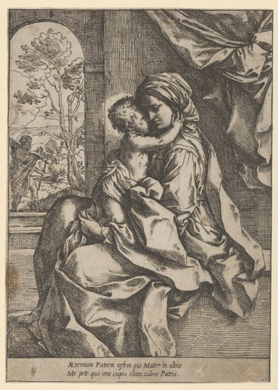 La Virgen sentada con el Niño Jesús en su regazo abrazándola, José visto detrás, ca. 1600-1613 de Guido Reni