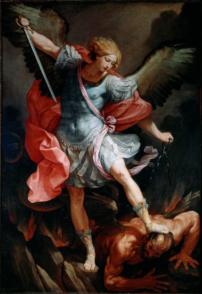 El arcángel San Miguel aplasta la cabeza del demonio de Guido Reni