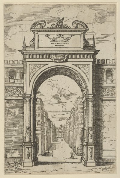 Arco triunfal coronado por una estatua de Moisés, edificios vistos a través del arco abajo... de Guido Reni