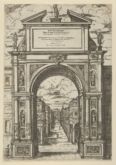 Arco triunfal coronado por una estatua que representa la ciudad de Bolonia, edificios vistos a través, 1598 de Guido Reni