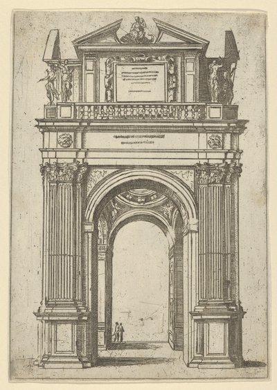 Arco triunfal coronado por una mujer sentada en un delfín, cuatro figuras de pie abajo, un tem..., 1598 de Guido Reni