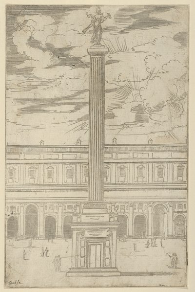Columna triunfal con figura femenina de la Fama sosteniendo una trompeta en la parte superior, una decoración temporal, 1598 de Guido Reni